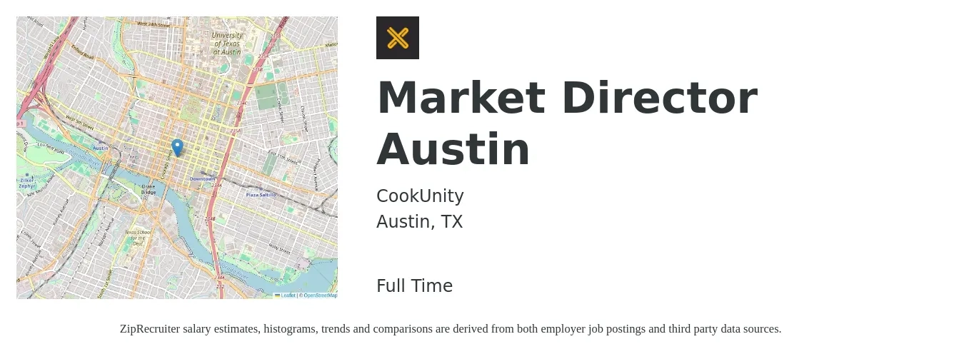 CookUnity job posting for a Market Director Austin in Austin, TX with a salary of $70,900 to $130,300 Yearly with a map of Austin location.