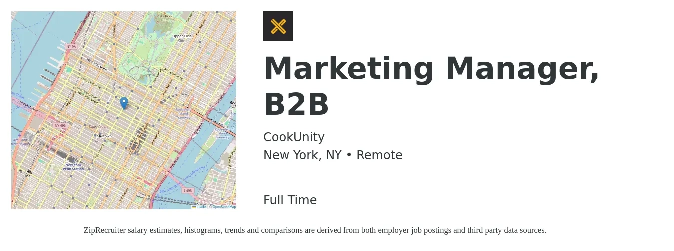 CookUnity job posting for a Marketing Manager, B2B in New York, NY with a salary of $65,600 to $107,200 Yearly with a map of New York location.