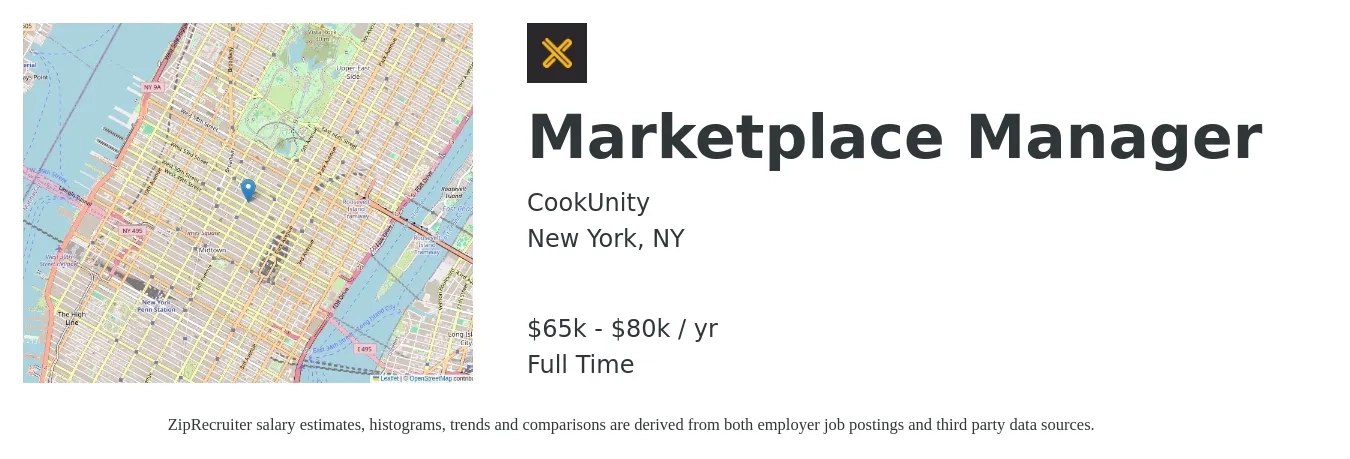 CookUnity job posting for a Marketplace Manager in New York, NY with a salary of $65,000 to $80,000 Yearly with a map of New York location.