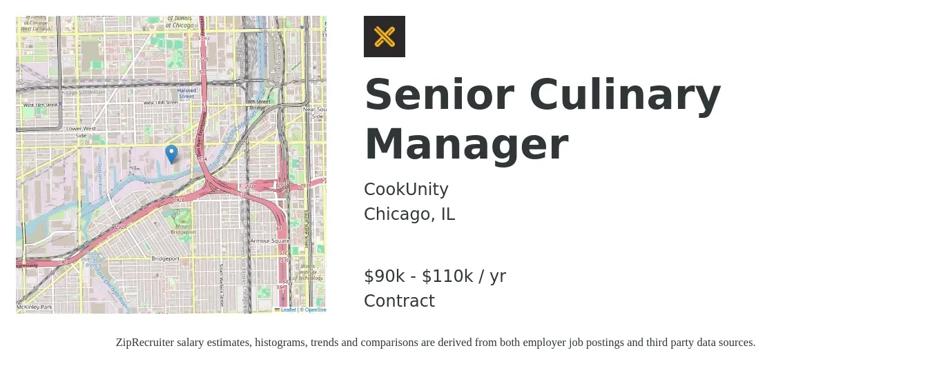 CookUnity job posting for a Senior Culinary Manager in Chicago, IL with a salary of $90,000 to $110,000 Yearly with a map of Chicago location.