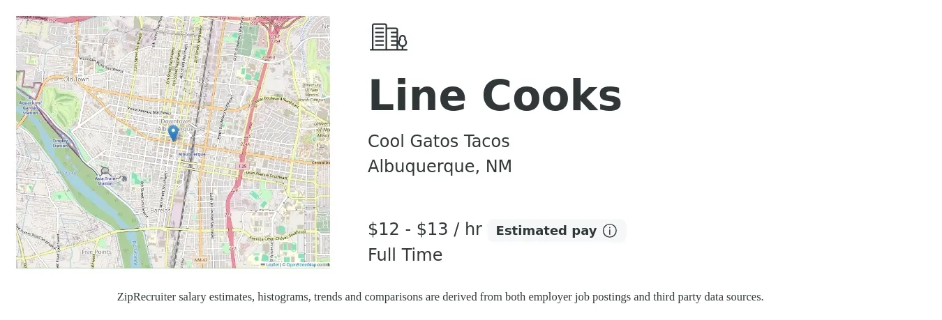 Cool Gatos Tacos job posting for a Line Cooks in Albuquerque, NM with a salary of $14 to $14 Hourly with a map of Albuquerque location.