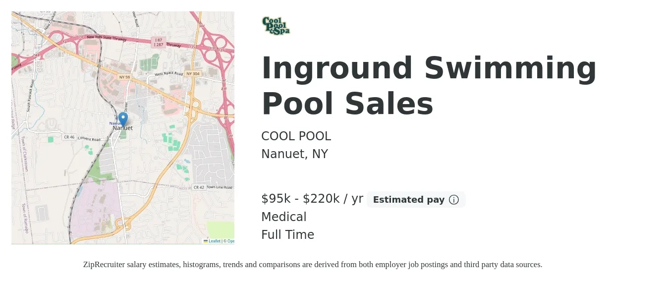 COOL POOL job posting for a Inground Swimming Pool Sales in Nanuet, NY with a salary of $95,500 to $220,000 Yearly and benefits including medical, pto, and retirement with a map of Nanuet location.