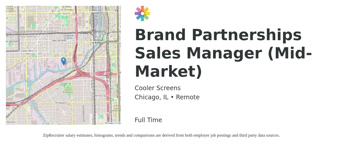 Cooler Screens job posting for a Brand Partnerships Sales Manager (Mid-Market) in Chicago, IL with a salary of $43,300 to $78,800 Yearly with a map of Chicago location.