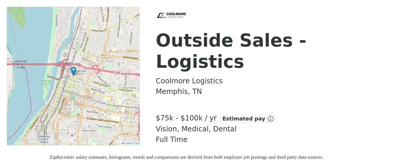 Coolmore Logistics job posting for a Outside Sales - Logistics in Memphis, TN with a salary of $75,000 to $100,000 Yearly and benefits including dental, medical, pto, and vision with a map of Memphis location.