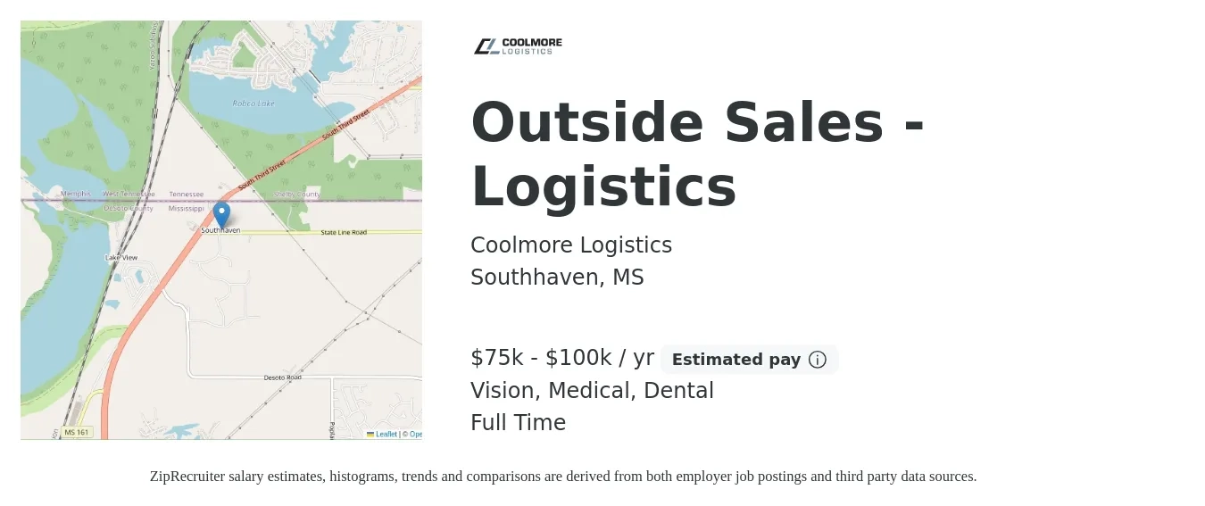Coolmore Logistics job posting for a Outside Sales - Logistics in Southhaven, MS with a salary of $75,000 to $100,000 Yearly and benefits including vision, dental, medical, and pto with a map of Southhaven location.