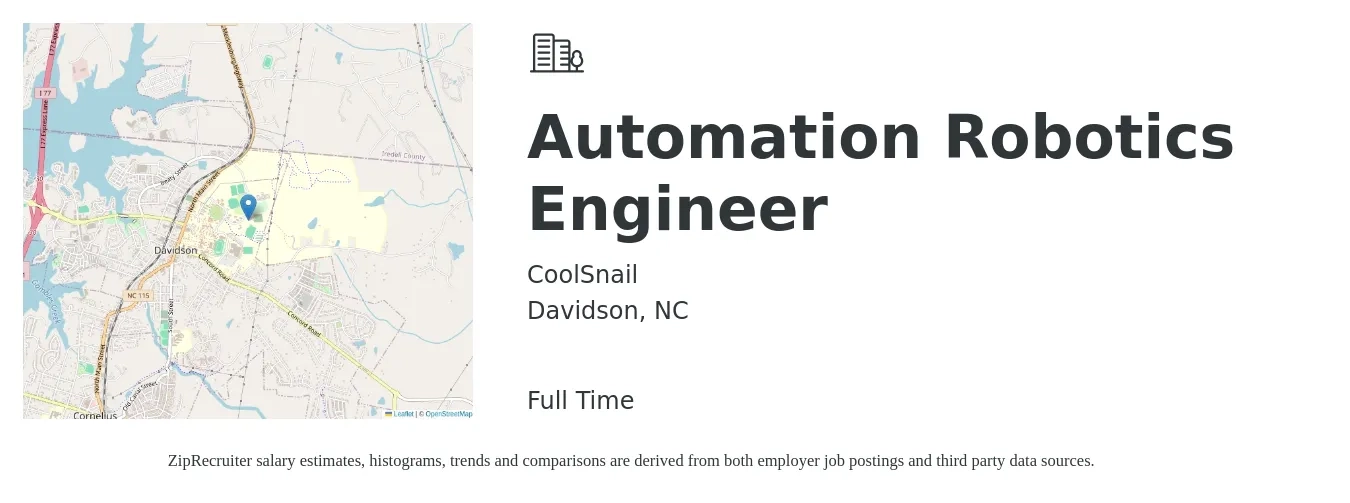 CoolSnail job posting for a Automation Robotics Engineer in Davidson, NC with a salary of $77,300 to $117,500 Yearly with a map of Davidson location.