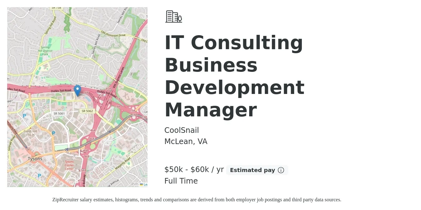 CoolSnail job posting for a IT Consulting Business Development Manager in McLean, VA with a salary of $50,000 to $60,000 Yearly with a map of McLean location.