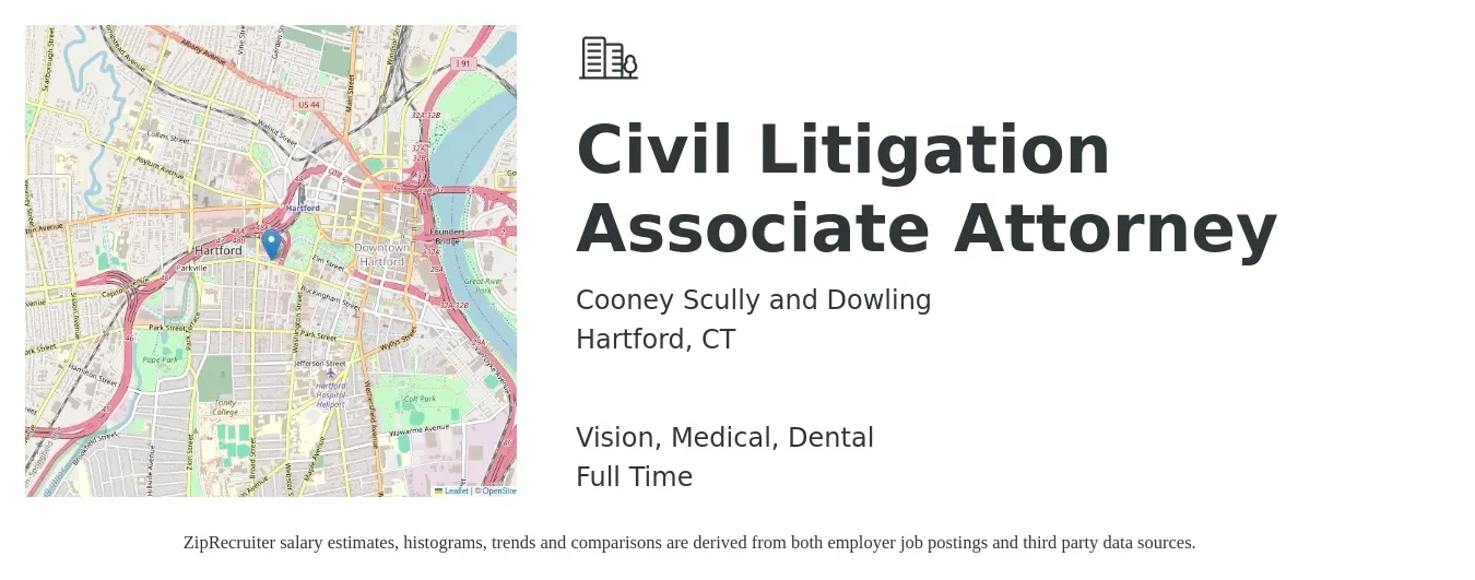 Cooney Scully and Dowling job posting for a Civil Litigation Associate Attorney in Hartford, CT with a salary of $100,400 to $151,300 Yearly and benefits including retirement, vision, dental, life_insurance, and medical with a map of Hartford location.