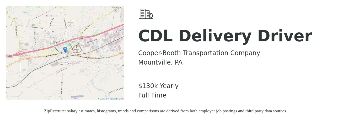 Cooper-Booth Transportation Company job posting for a CDL Delivery Driver in Mountville, PA with a salary of $65,000 to $130,000 Yearly with a map of Mountville location.
