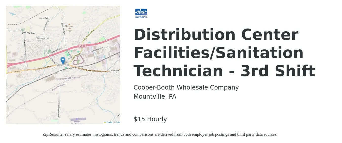 Cooper-Booth Wholesale Company job posting for a Distribution Center Facilities/Sanitation Technician - 3rd Shift in Mountville, PA with a salary of $16 Hourly with a map of Mountville location.