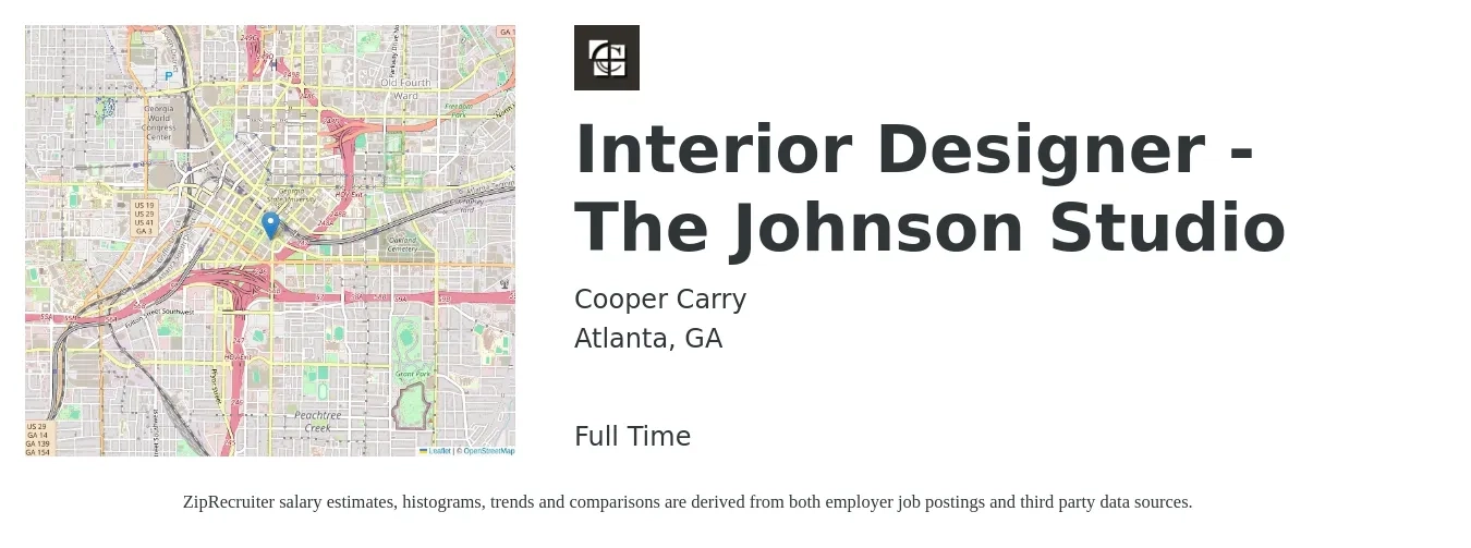 Cooper Carry job posting for a Interior Designer - The Johnson Studio in Atlanta, GA with a salary of $55,800 to $79,800 Yearly with a map of Atlanta location.