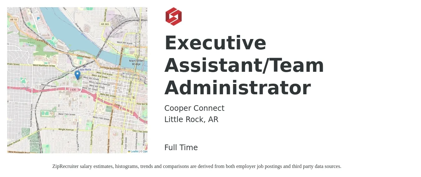 Cooper Connect job posting for a Executive Assistant/Team Administrator in Little Rock, AR with a salary of $39,400 to $70,400 Yearly with a map of Little Rock location.