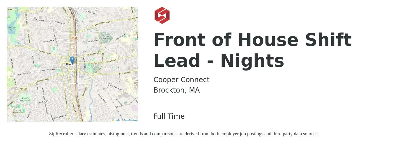 Cooper Connect job posting for a Front of House Shift Lead - Nights in Brockton, MA with a salary of $16 to $28 Hourly with a map of Brockton location.