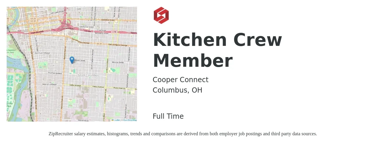 Cooper Connect job posting for a Kitchen Crew Member in Columbus, OH with a salary of $12 to $16 Hourly with a map of Columbus location.