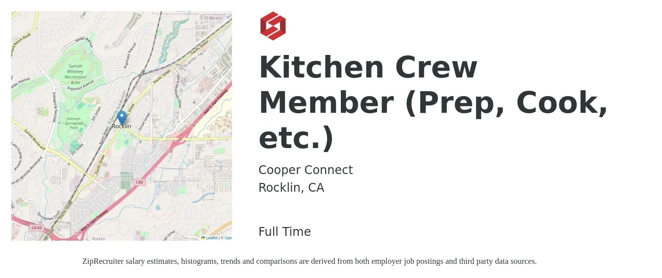 Cooper Connect job posting for a Kitchen Crew Member (Prep, Cook, etc.) in Rocklin, CA with a salary of $15 to $19 Hourly with a map of Rocklin location.