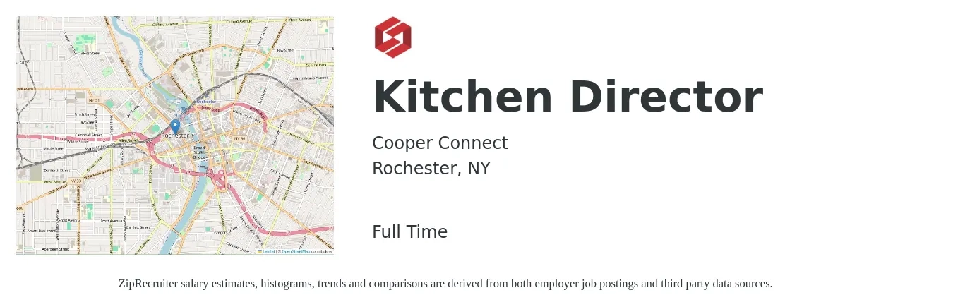 Cooper Connect job posting for a Kitchen Director in Rochester, NY with a salary of $38,500 to $61,700 Yearly with a map of Rochester location.