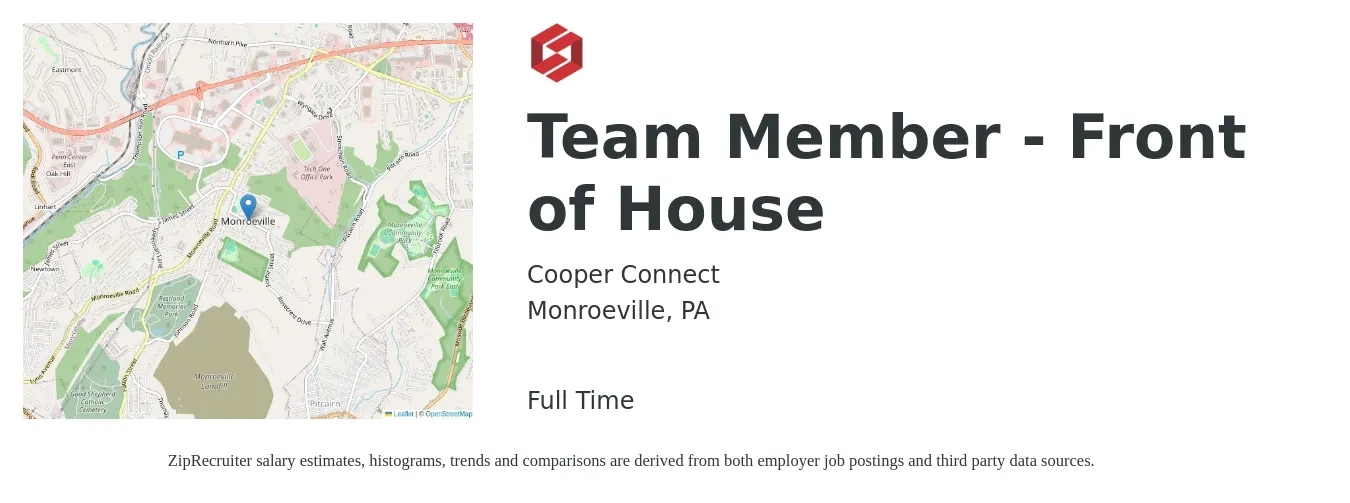 Cooper Connect job posting for a Team Member - Front of House in Monroeville, PA with a salary of $12 to $16 Hourly with a map of Monroeville location.