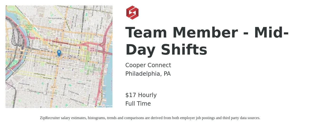 Cooper Connect job posting for a Team Member - Mid-Day Shifts in Philadelphia, PA with a salary of $18 Hourly with a map of Philadelphia location.