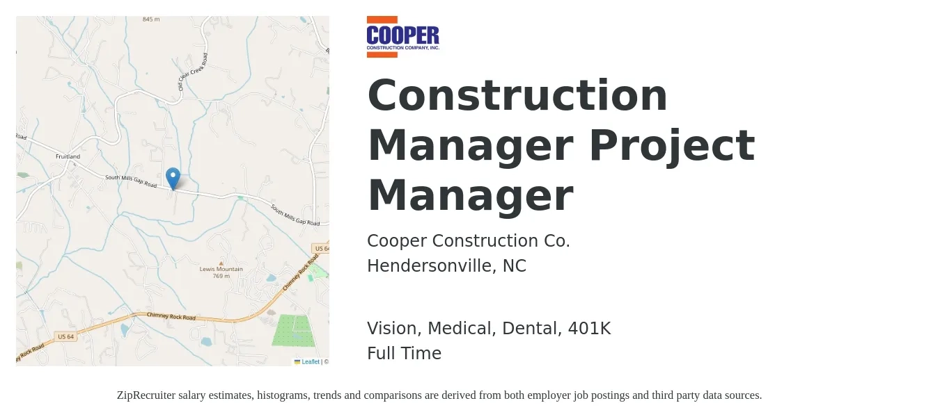 Cooper Construction Co. job posting for a Construction Manager Project Manager in Hendersonville, NC with a salary of $1,400 to $1,500 Weekly (plus commission) and benefits including 401k, dental, medical, and vision with a map of Hendersonville location.