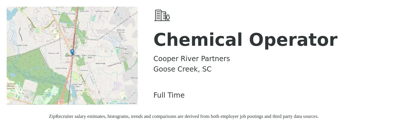 Cooper River Partners job posting for a Chemical Operator in Goose Creek, SC with a salary of $18 to $20 Hourly with a map of Goose Creek location.