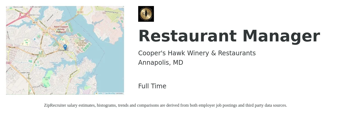 Cooper's Hawk Winery & Restaurants job posting for a Restaurant Manager in Annapolis, MD with a salary of $44,500 to $62,900 Yearly with a map of Annapolis location.