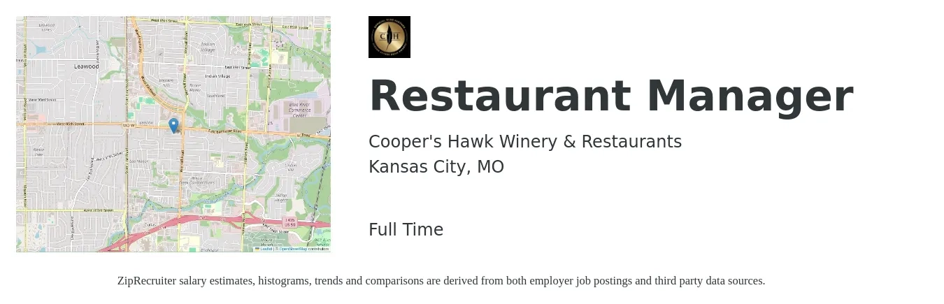 Cooper's Hawk Winery & Restaurants job posting for a Restaurant Manager in Kansas City, MO with a salary of $41,700 to $58,900 Yearly with a map of Kansas City location.