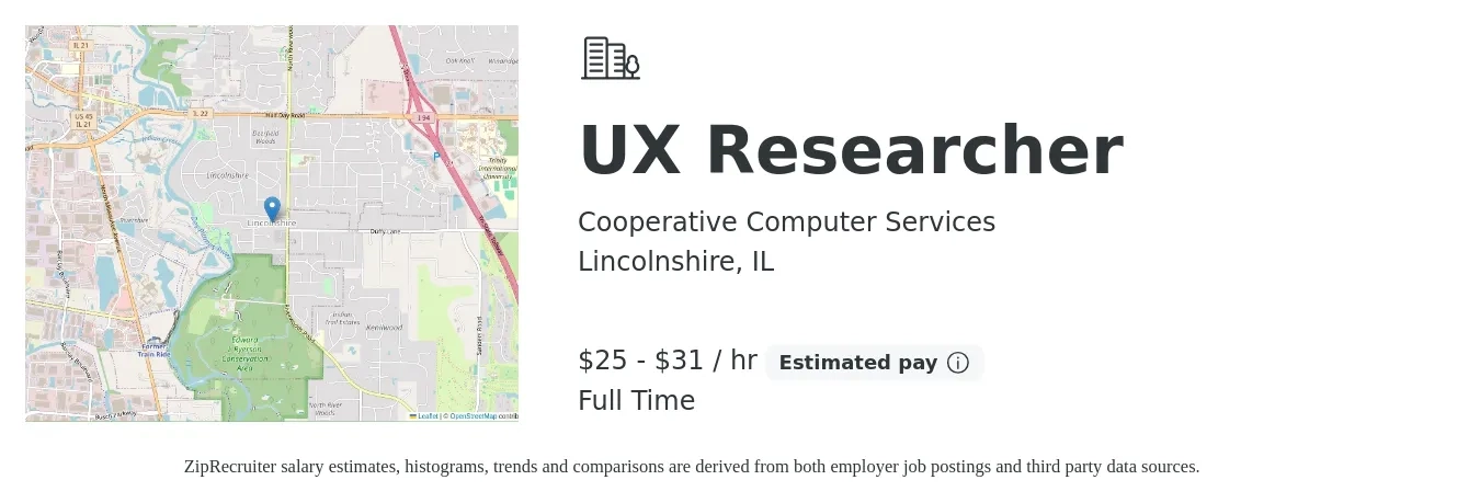 Cooperative Computer Services job posting for a UX Researcher in Lincolnshire, IL with a salary of $26 to $33 Hourly with a map of Lincolnshire location.
