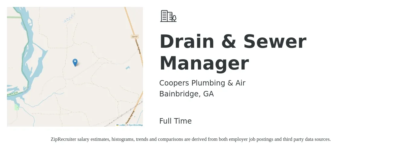 Coopers Plumbing & Air job posting for a Drain & Sewer Manager in Bainbridge, GA with a salary of $20 to $29 Hourly with a map of Bainbridge location.