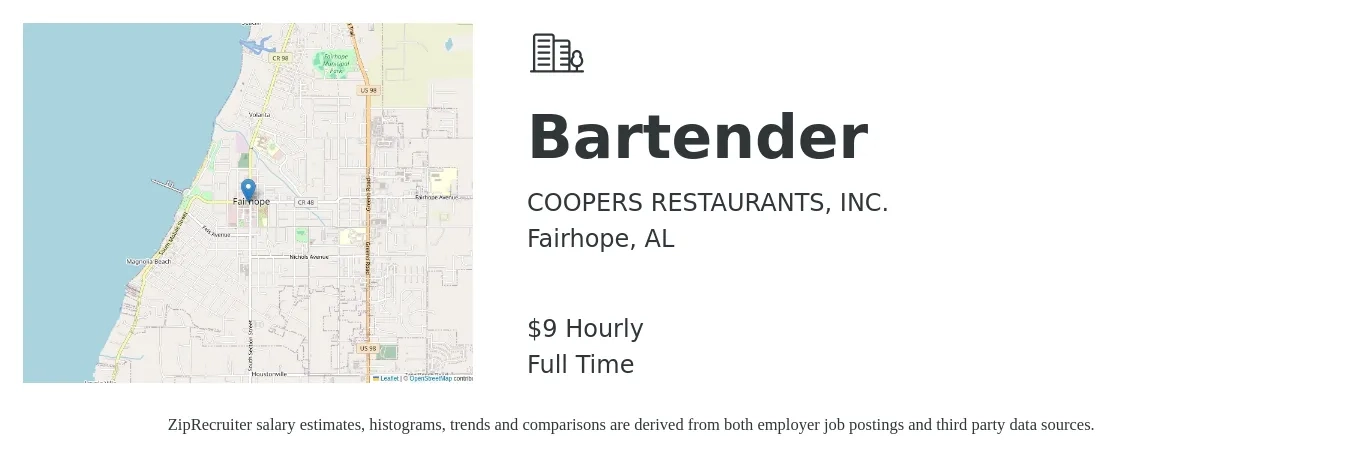 COOPERS RESTAURANTS, INC. job posting for a Bartender in Fairhope, AL with a salary of $10 Hourly with a map of Fairhope location.
