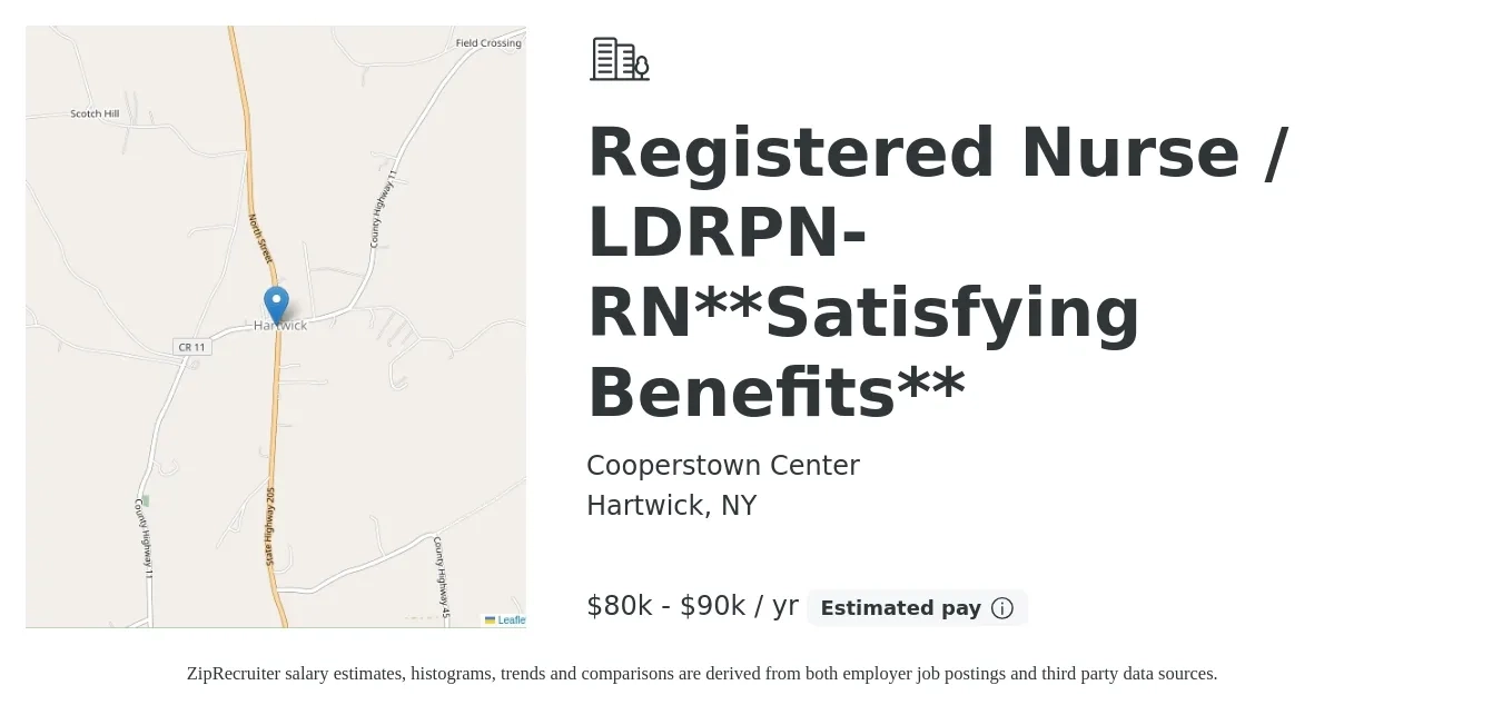 Cooperstown Center job posting for a Registered Nurse / LDRPN- RN**Satisfying Benefits** in Hartwick, NY with a salary of $80,000 to $90,000 Yearly with a map of Hartwick location.