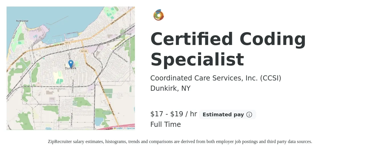 Coordinated Care Services, Inc. (CCSI) job posting for a Certified Coding Specialist in Dunkirk, NY with a salary of $18 to $20 Hourly with a map of Dunkirk location.
