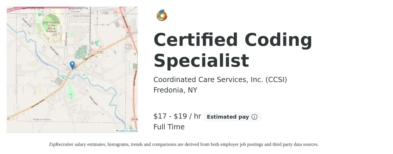 Coordinated Care Services, Inc. (CCSI) job posting for a Certified Coding Specialist in Fredonia, NY with a salary of $18 to $20 Hourly with a map of Fredonia location.