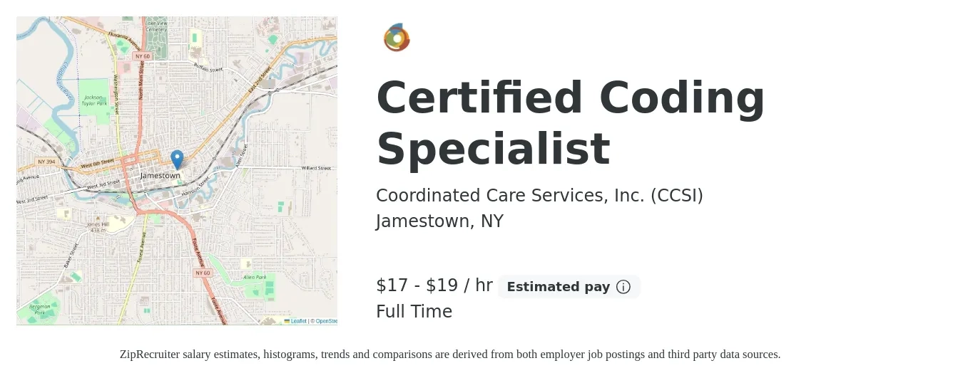 Coordinated Care Services, Inc. (CCSI) job posting for a Certified Coding Specialist in Jamestown, NY with a salary of $18 to $20 Hourly with a map of Jamestown location.