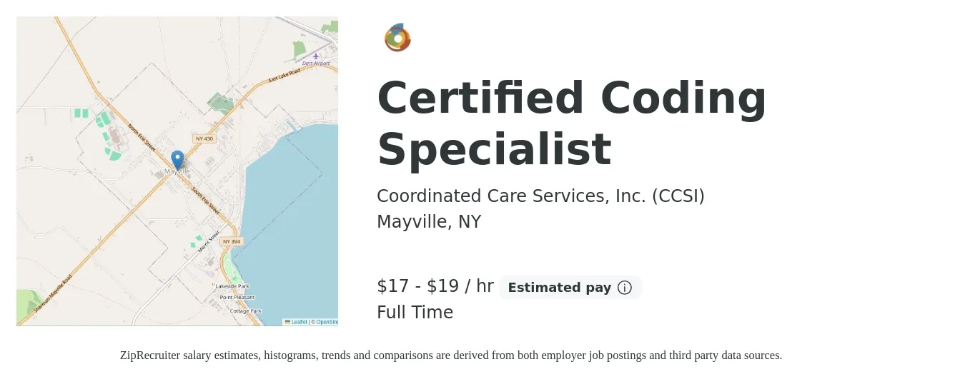 Coordinated Care Services, Inc. (CCSI) job posting for a Certified Coding Specialist in Mayville, NY with a salary of $18 to $20 Hourly with a map of Mayville location.
