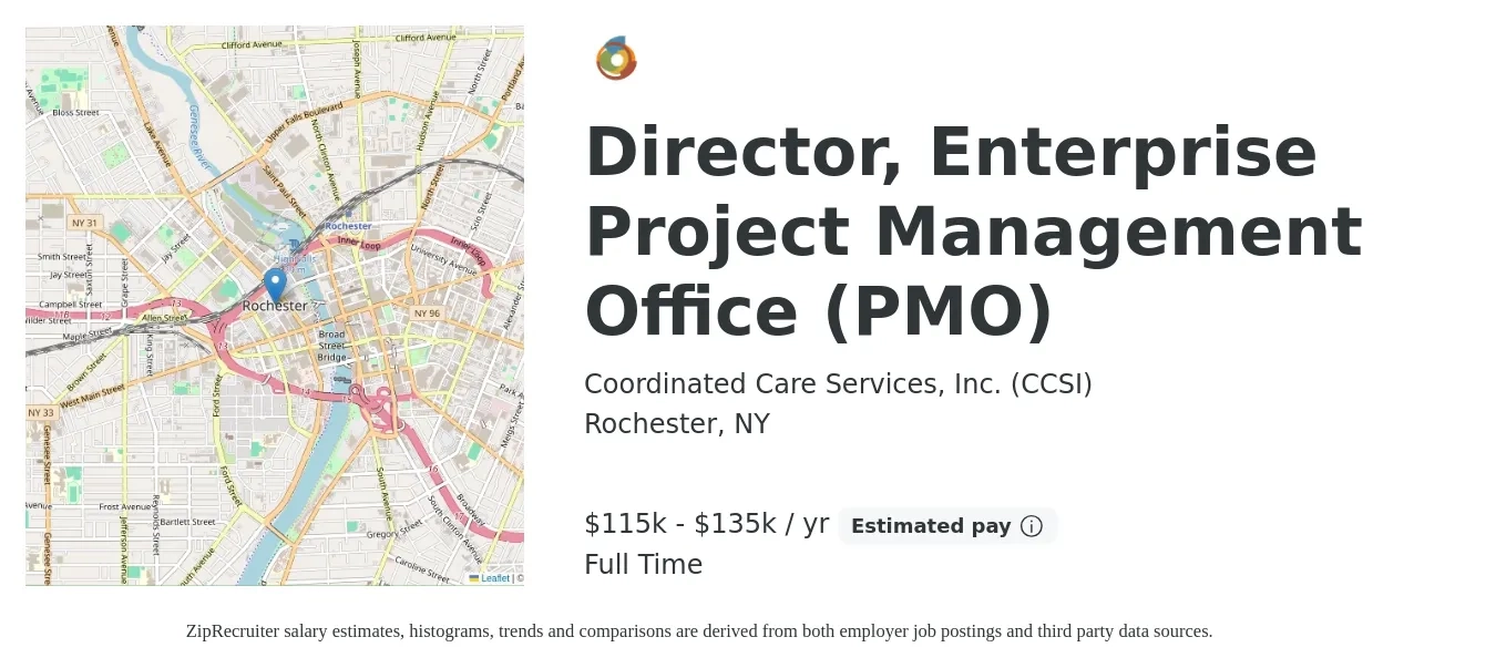 Coordinated Care Services, Inc. (CCSI) job posting for a Director, Enterprise Project Management Office (PMO) in Rochester, NY with a salary of $115,000 to $135,000 Yearly with a map of Rochester location.