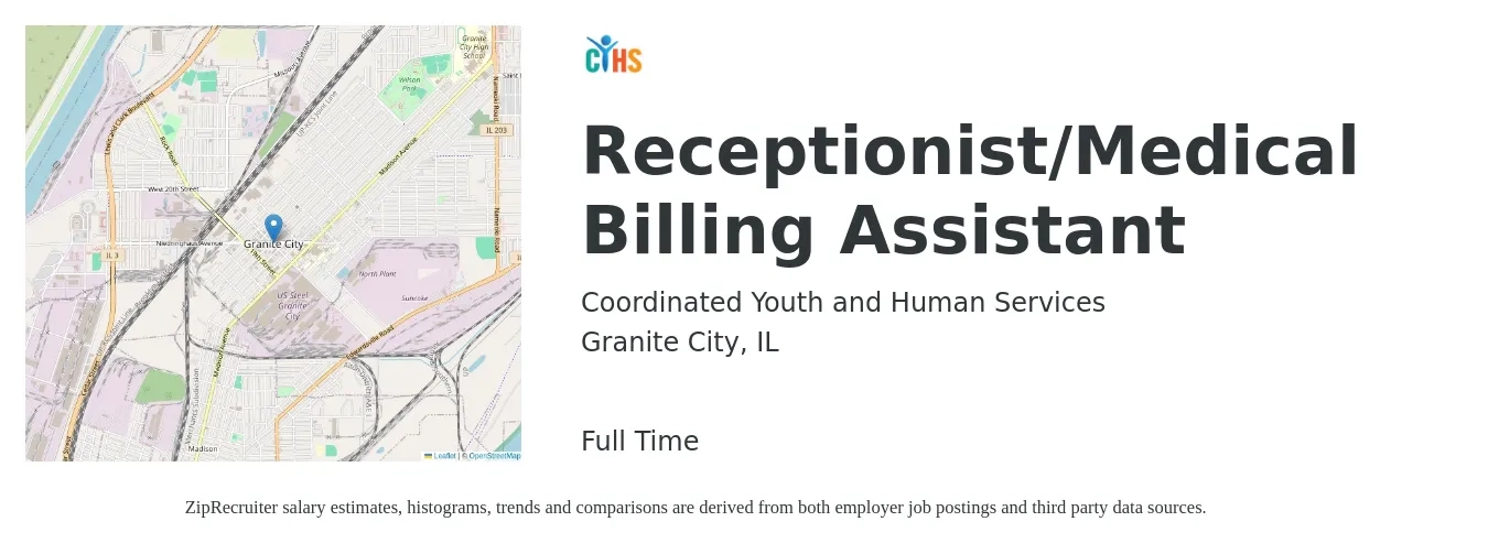 Coordinated Youth and Human Services job posting for a Receptionist/Medical Billing Assistant in Granite City, IL with a salary of $16 to $19 Hourly with a map of Granite City location.