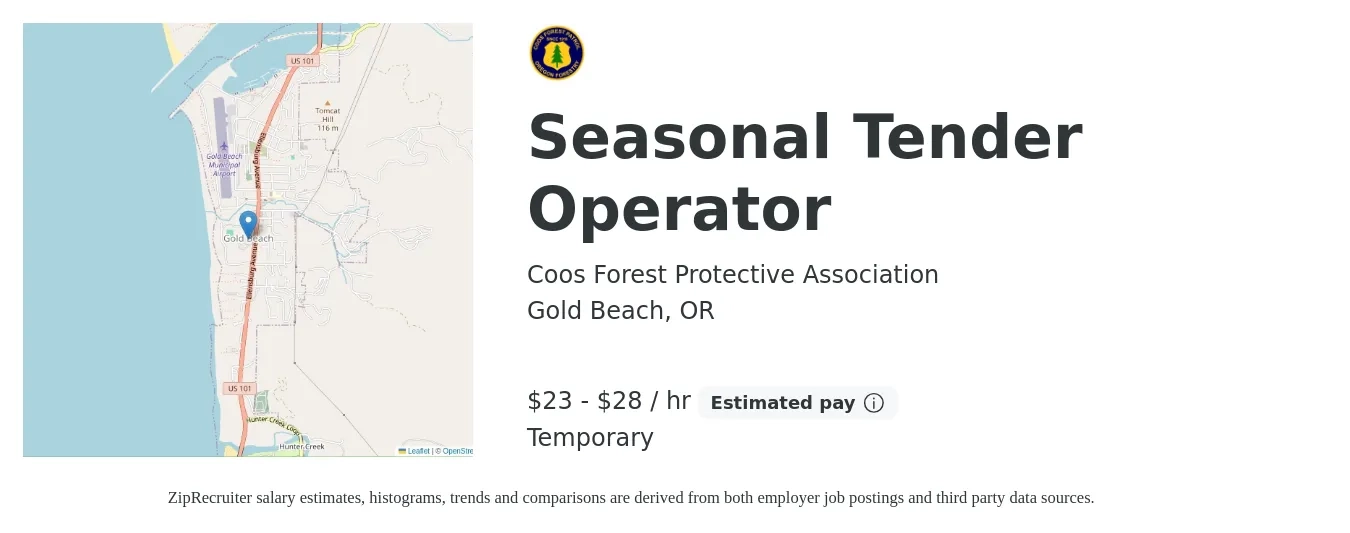 Coos Forest Protective Association job posting for a Seasonal Tender Operator in Gold Beach, OR with a salary of $25 to $30 Hourly with a map of Gold Beach location.