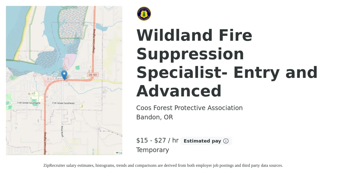 Coos Forest Protective Association job posting for a Wildland Fire Suppression Specialist- Entry and Advanced in Bandon, OR with a salary of $16 to $29 Hourly with a map of Bandon location.