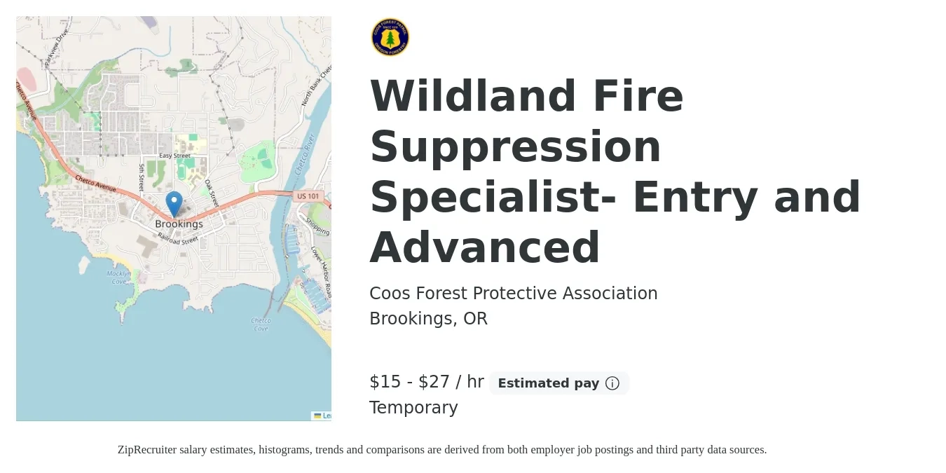 Coos Forest Protective Association job posting for a Wildland Fire Suppression Specialist- Entry and Advanced in Brookings, OR with a salary of $16 to $29 Hourly with a map of Brookings location.