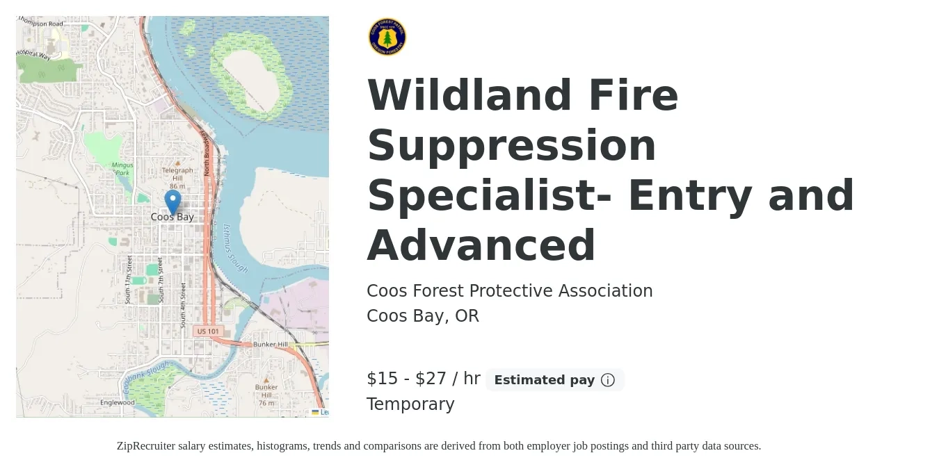 Coos Forest Protective Association job posting for a Wildland Fire Suppression Specialist- Entry and Advanced in Coos Bay, OR with a salary of $16 to $29 Hourly with a map of Coos Bay location.