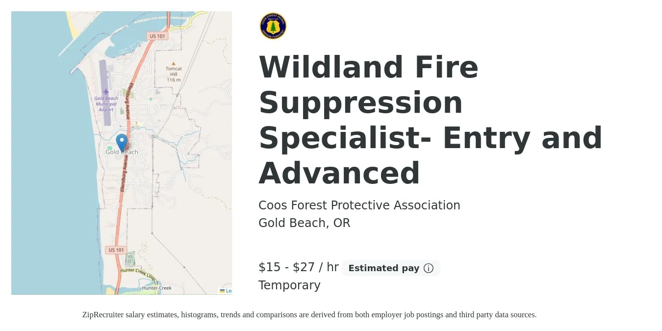 Coos Forest Protective Association job posting for a Wildland Fire Suppression Specialist- Entry and Advanced in Gold Beach, OR with a salary of $16 to $29 Hourly with a map of Gold Beach location.