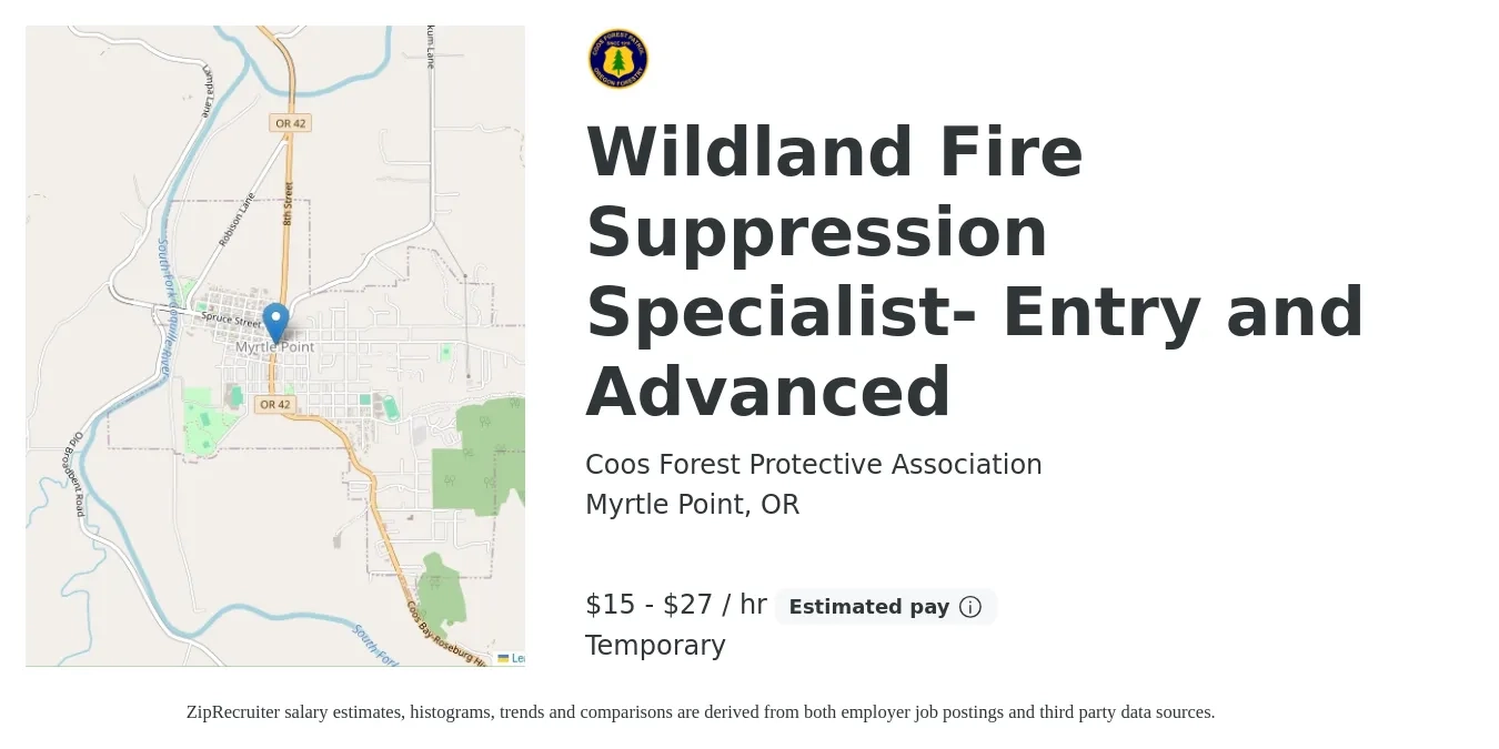 Coos Forest Protective Association job posting for a Wildland Fire Suppression Specialist- Entry and Advanced in Myrtle Point, OR with a salary of $16 to $29 Hourly with a map of Myrtle Point location.