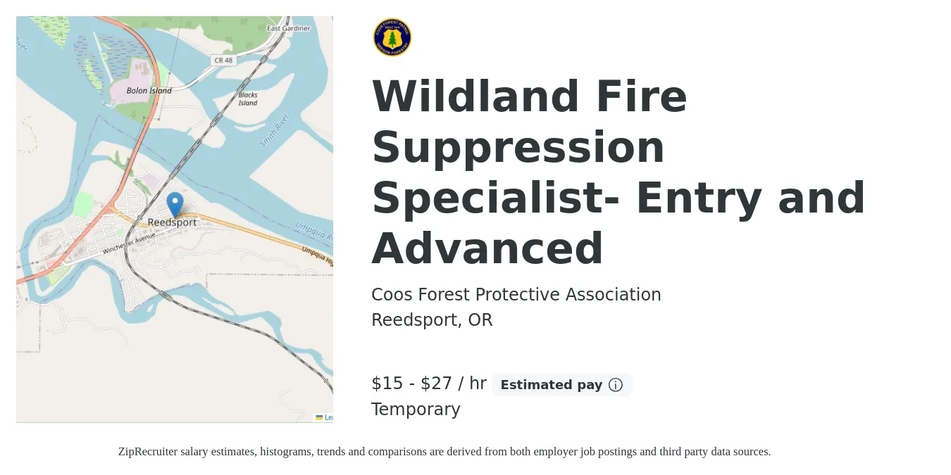 Coos Forest Protective Association job posting for a Wildland Fire Suppression Specialist- Entry and Advanced in Reedsport, OR with a salary of $16 to $29 Hourly with a map of Reedsport location.