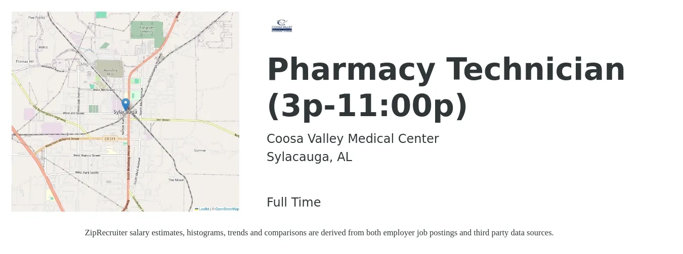 Coosa Valley Medical Center job posting for a Pharmacy Technician (3p-11:00p) in Sylacauga, AL with a salary of $14 to $17 Hourly with a map of Sylacauga location.