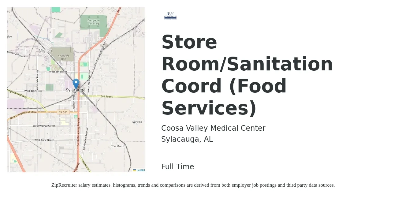 Coosa Valley Medical Center job posting for a Store Room/Sanitation Coord (Food Services) in Sylacauga, AL with a salary of $12 Hourly and benefits including vision, dental, life_insurance, and medical with a map of Sylacauga location.