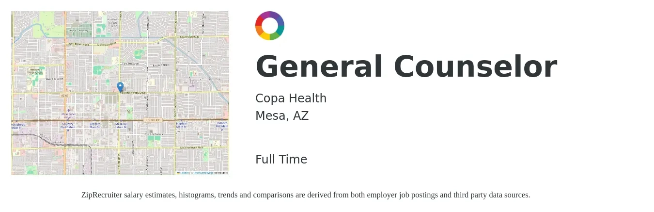 Copa Health job posting for a General Counselor in Mesa, AZ with a salary of $403 Daily with a map of Mesa location.