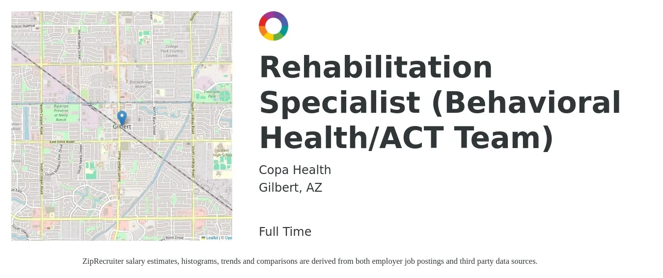 Copa Health job posting for a Rehabilitation Specialist (Behavioral Health / ACT Team) in Gilbert, AZ with a salary of $403 Daily with a map of Gilbert location.