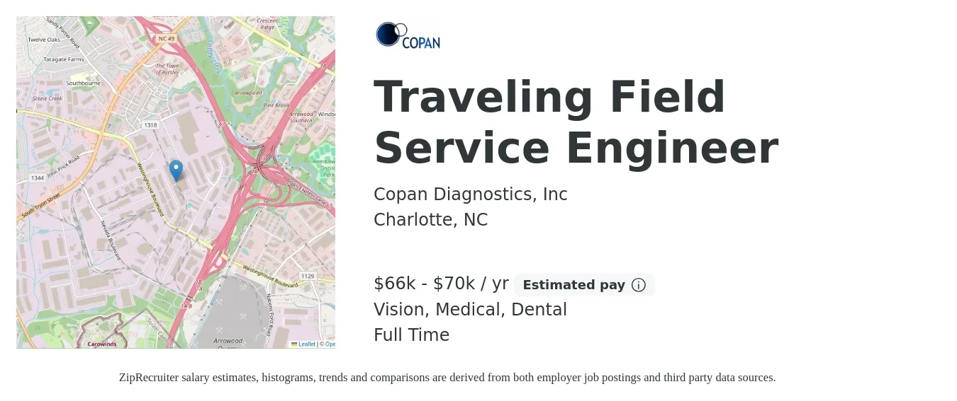 Copan Diagnostics, Inc job posting for a Traveling Field Service Engineer in Charlotte, NC with a salary of $66,000 to $70,000 Yearly and benefits including dental, medical, pto, retirement, and vision with a map of Charlotte location.
