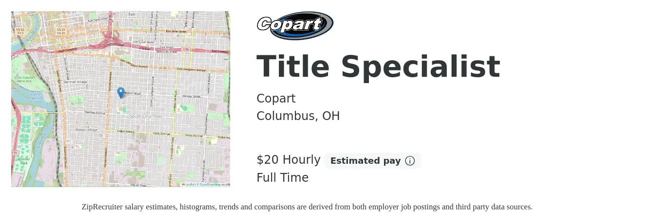 Copart job posting for a Title Specialist in Columbus, OH with a salary of $21 Hourly with a map of Columbus location.