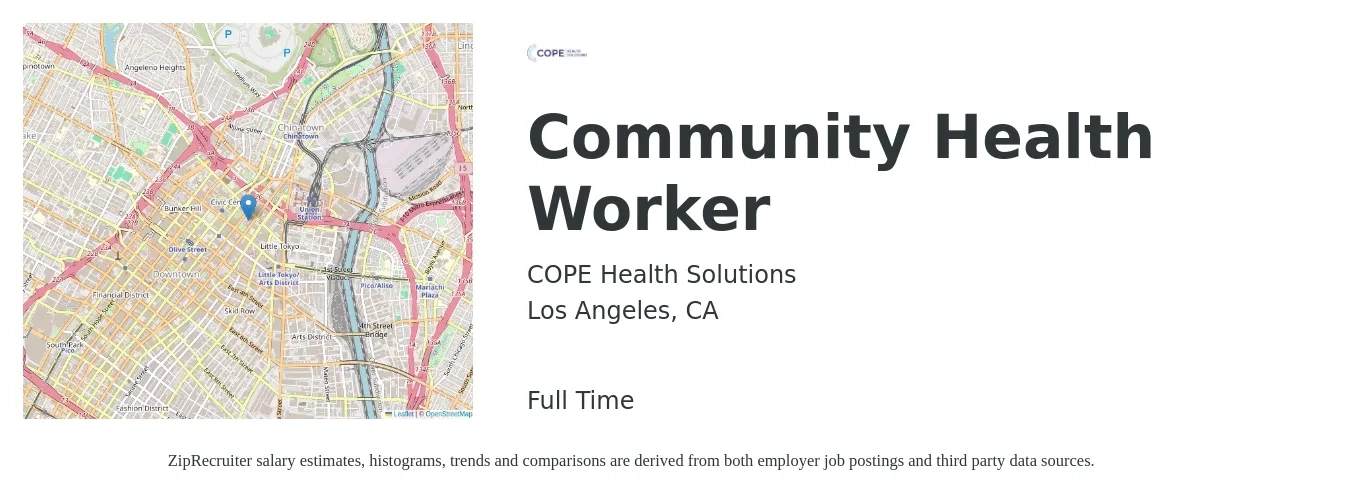 COPE Health Solutions job posting for a Community Health Worker in Los Angeles, CA with a salary of $20 to $25 Hourly with a map of Los Angeles location.
